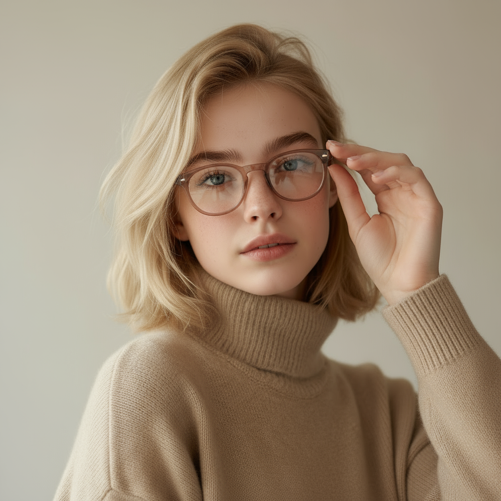 Beige light brown round plastic eyeglasses