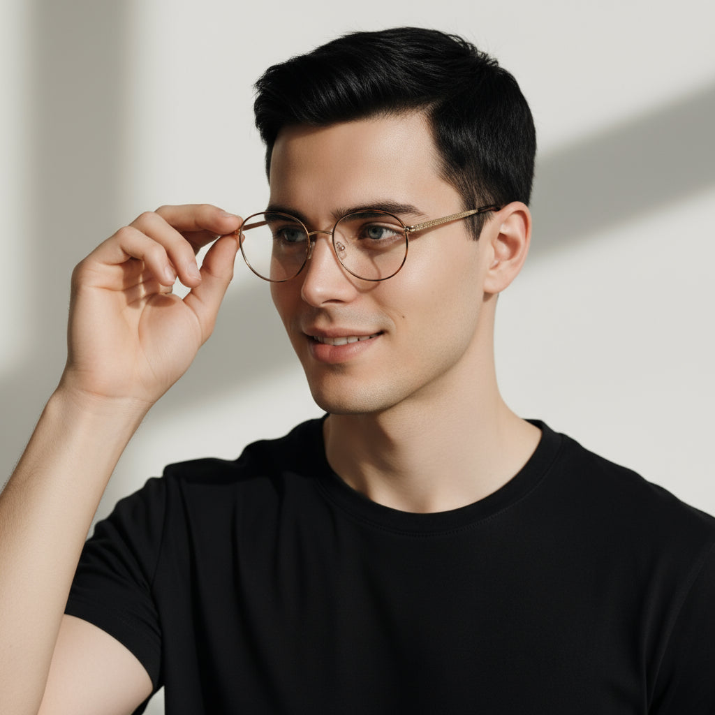 Round tortoise and gold eyeglasses