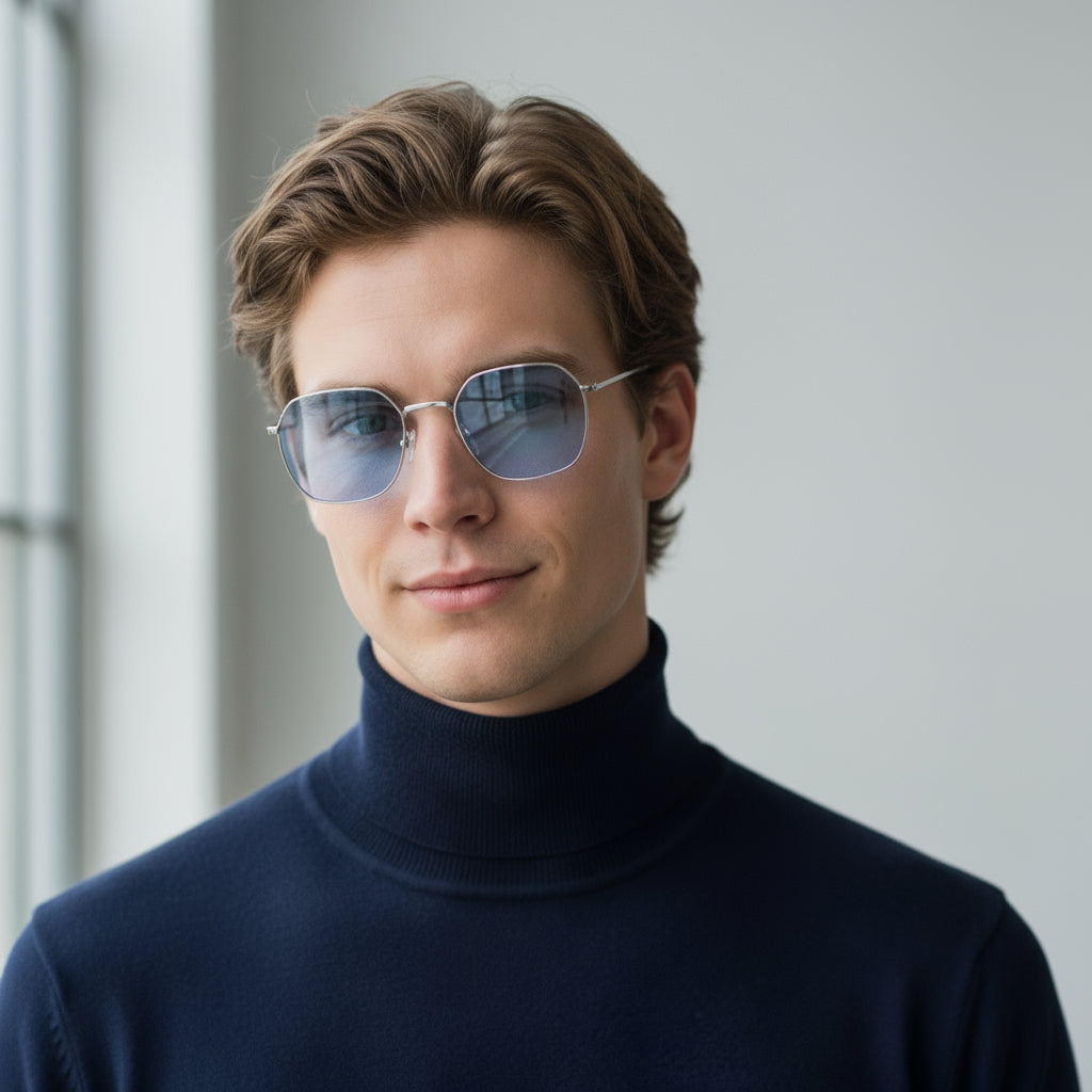 Geometric minimal silver and blue sunglasses