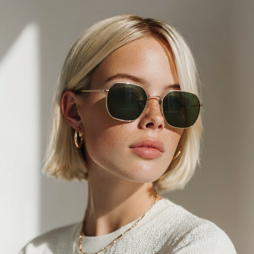 Geometric minimal gold and green sunglasses