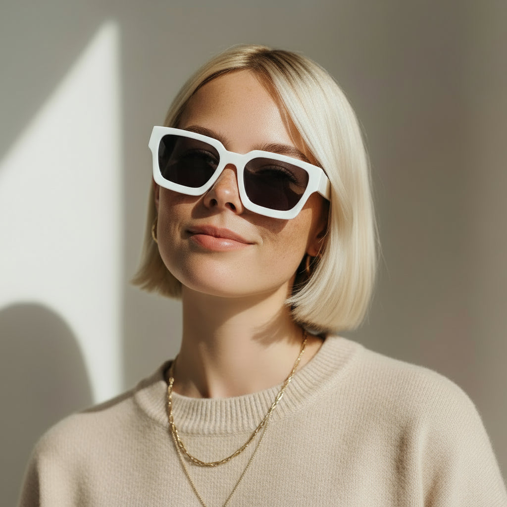 Rectangular bold white sunglasses