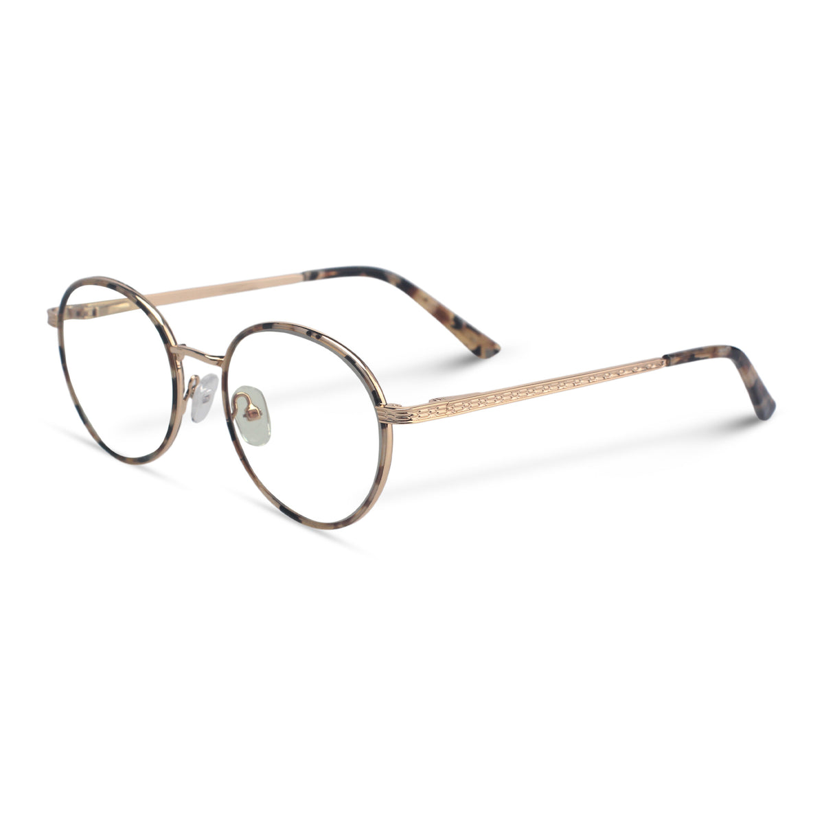 Round tortoise and gold eyeglasses