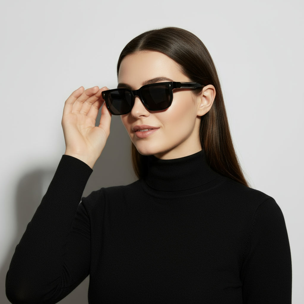 Bold rectangular black sunglasses