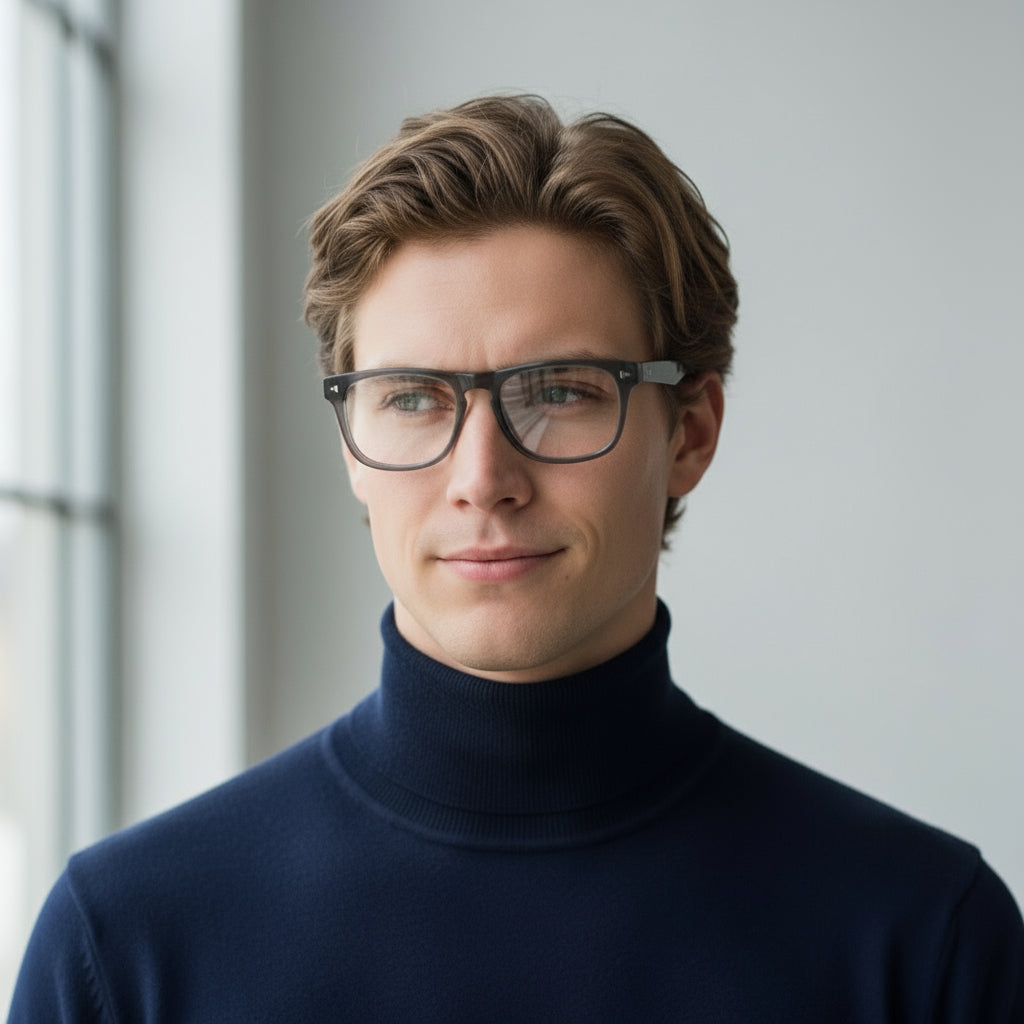 Bold square grey eyeglasses
